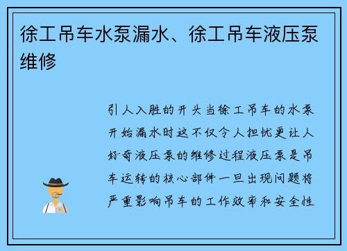 徐工吊车水泵漏水、徐工吊车液压泵维修